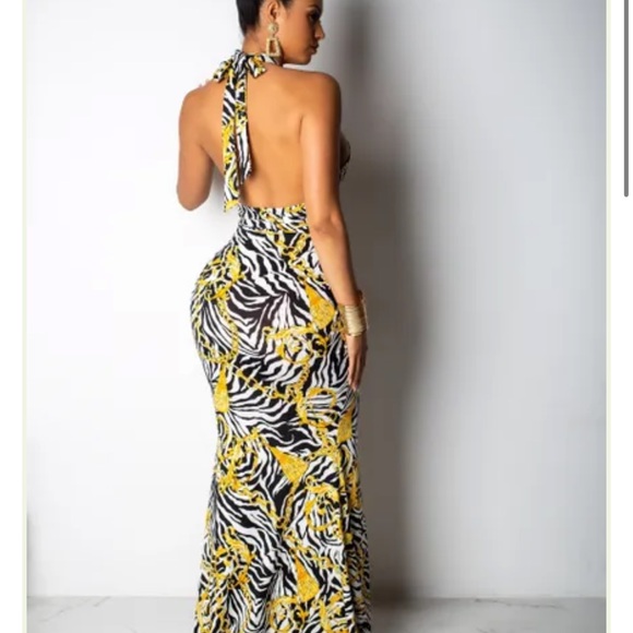 NWOT Zebra Chain Gold  Print Cut Out Halter Maxi Mermaid Dress sz 2XL - Picture 2 of 9